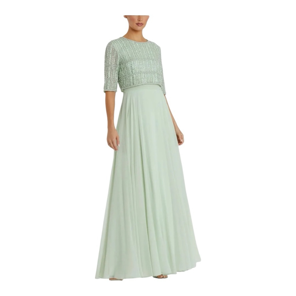 Women's Mac Duggal Mint Green Sequin 3/4 Sleeve Evening Dress Size 8